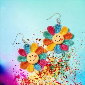 Rainbow Color Sunflower Smiling‎ Face Design Dangle Earrings Cute Knit Style